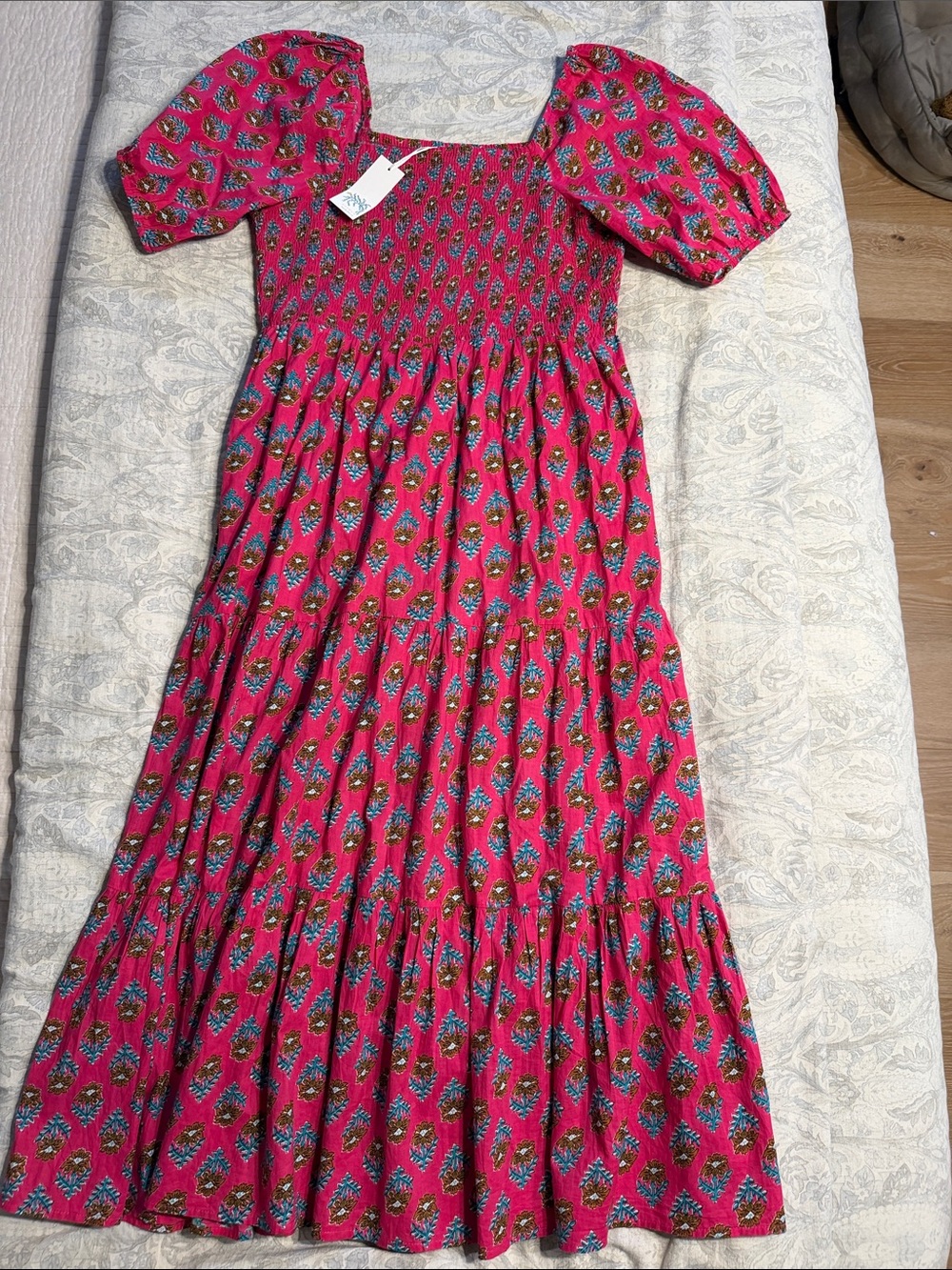 Women's Fuchsia Puff-Sleeve Smocked Maxi Dress